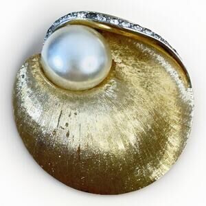 Vintage BOUCHER Brooch Faux Pearl Pave Rhinestone Pin Gold Tone Signed FLAW